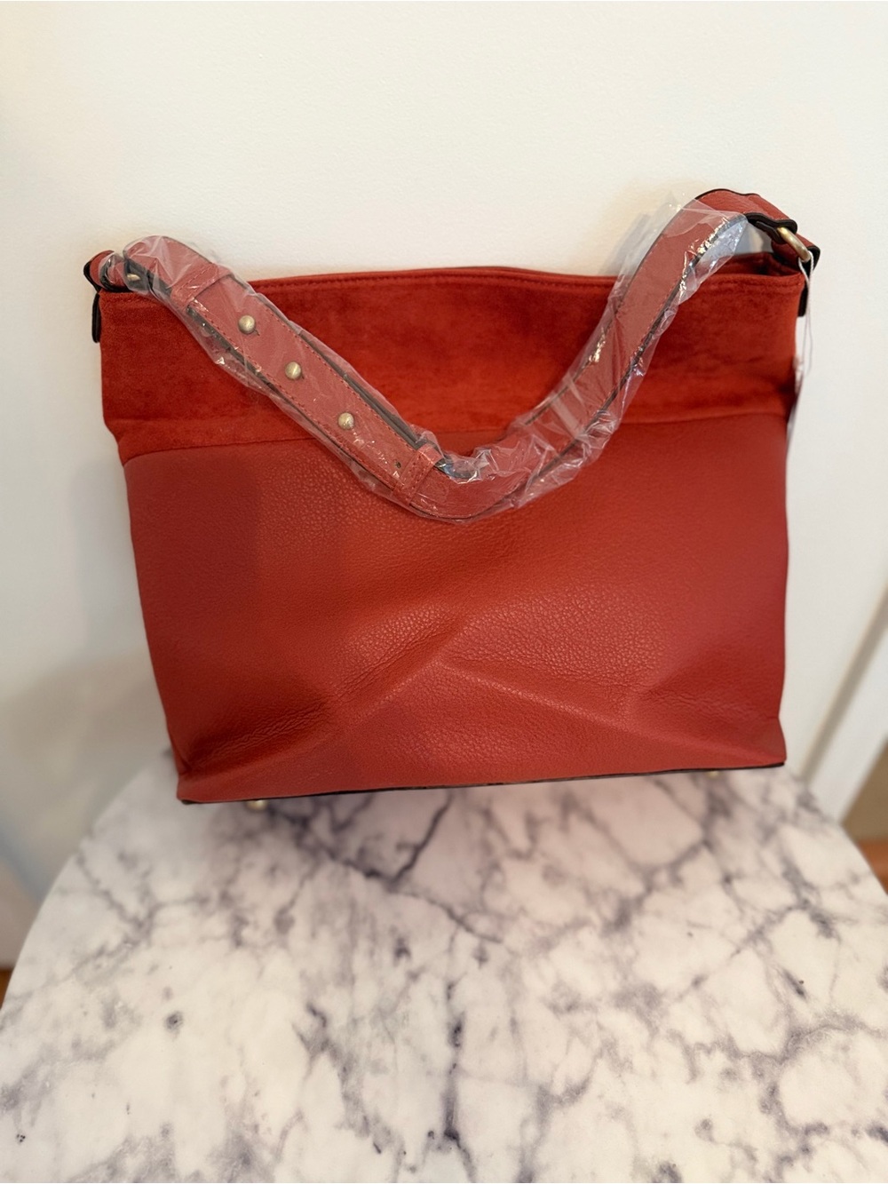 Classic Red Shoulder Bag with Stud-Accent Strap